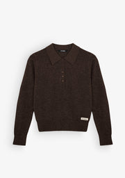 Brown Melange Fine Knit Polo Sweater